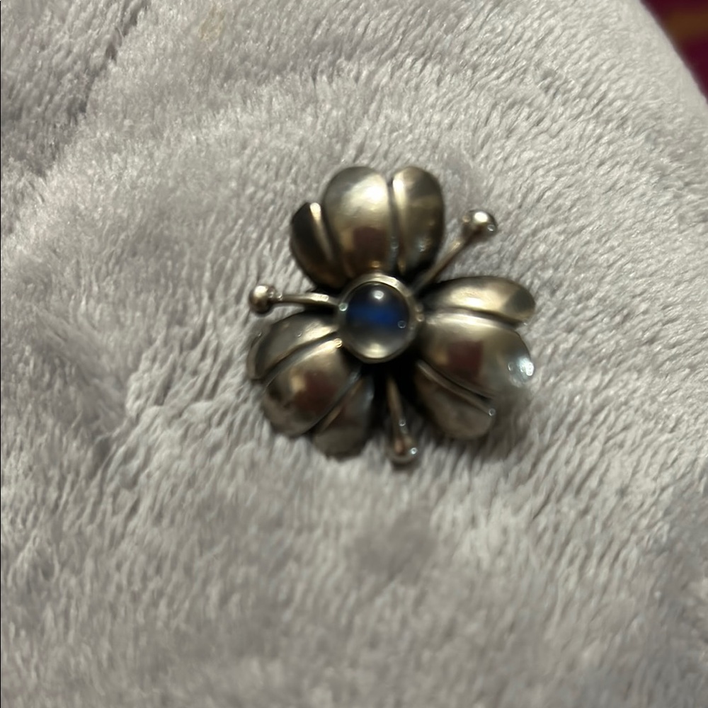 Silver Flower Brooch with Blue Center